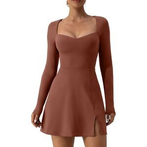 Sweetheart Neck Bodice Dress Long Sleeve Side Slit Flare Mini Dress size L